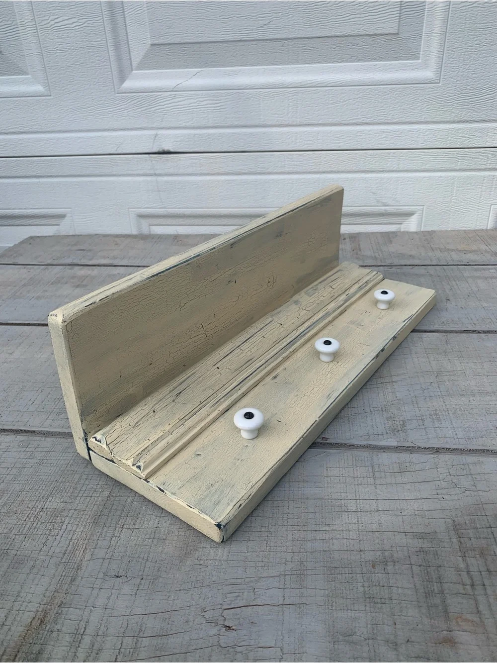 Vintage Farmhouse Wall Shelf with 3 Shaker Pegs Distressed White 17.5” Coat Rack